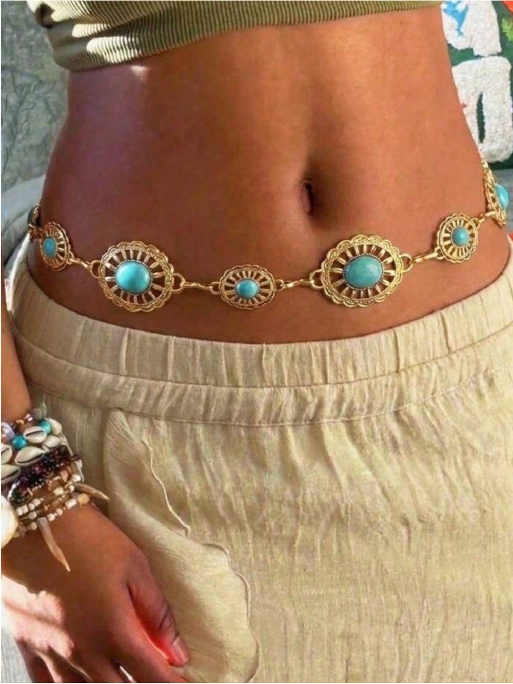 Gold Boho Turquoise Stone Concho Chain Belt NEW 🏷️